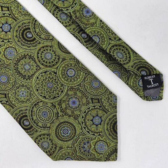 ROBERT TALBOTT BEST OF CLASS SILK TIE GREEN BLACK AZTEC CIRCLE SATIN 4" X 59" - Picture 1 of 3